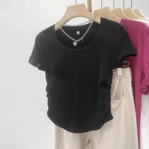 เสื้อยืดแขนสั้นสีขาวทรงเข้ารูปสำหรับผู้หญิง คอวี ดีไซน์เก๋ไก๋ แขนสั้น ทรงเข้ารูป แฟชั่นฤดูร้อน เสื้อผ้าทำงานสไตล์เกาหลี