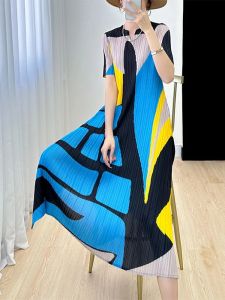 Nova quality⭐One person one pleat ⭐ One person one fold ※ Europe station  new high-end color matching Miyake pleated dress female vintage printed large size thin slit short sleeve pleated skirt