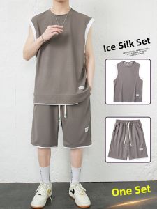 ROMON | Romon Mens Summer Thin Ice Silk Sportswear Set Sleeveless T-Shirt And Backless Vest Casual Two-Piece Short Pants Polyester Fiber