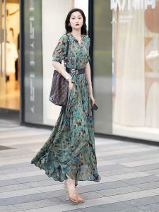 Elegant French Style Long Dress Womens Summer New Slimming Silk Floral Print Wrap Waist Midi Dress Vintage V-neck Short Sleeve