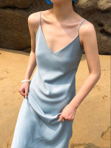 Silk Acetate Satin Design Sensation French Style off Shoulder Midi Dress Womens Summer New Arrival V-neck Backless H-type Dress