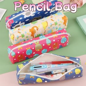 Cartoon PU Leather Pencil Pouch for Students Animal Print Zipper Durable Multi-Purpose Pen Bag for School Childrens Gift