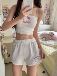 Sweet HelloKitty Cat Print Crop Top And High Waist Wide Leg Pants Two Piece Slim Fit Vest Set for Women Summer Commute Style