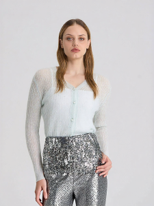 Áo Cardigan Len Xanh Cổ V Mới Có Kim tuyến