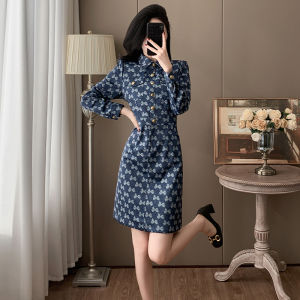 Elegant Retro Style Womens Dress Slim Fit Denim Skirt Spring Autumn Fashionable Short Waist Cinching Long Sleeve Midi Dress