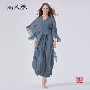 GAOYITAI | Irregular Silk Patchwork Pearl Button Large Swing Evening Dress