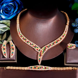 SEQUITO Gorgeous Yellow Gold Color 4 Pcs Wedding Jewelry Set Full Paved Multicolor AAAAA Cubic Zirconia Dubai Style Pendant Necklace Drop Earrings Charm Bracelet Ring Sets SJ342
