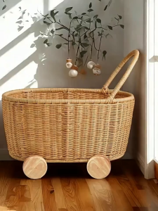 Natural Rattan Doll Stroller - Hand Made in Europe - Fits 17" Dolls & Plush Toys - Wicker Doll Pram & Baby Walker - Perfect