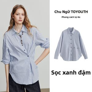 Toyouth | Áo Sơ Mi Dài Tay Nhẹ Nhàng Kẻ Sọc Ghép Vải Bất Đối Xứng