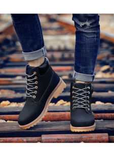 Mens Retro Casual British Style Martin Boots Thickened High Top Cotton Lined Workwear Boots Autumn Winter Leather Patchwork