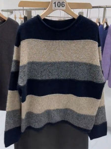 QINGNAER | Oversized Retro Stripe Color Block Soft Long Sleeve Knitwear