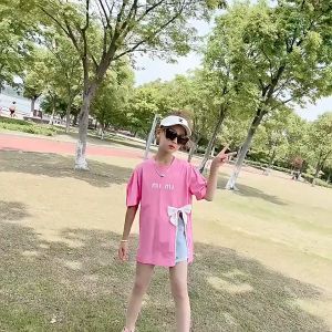 WANDER เสื้อเด็กหญิง ตกแต่งโบว์แฟชั่นสไตล์เกาหลี เสื้อยืดแขนสั้น Slit สไตล์สาวหวาน 2377