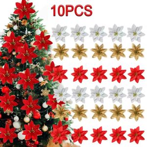 10Pcs Artificial Velvet Poinsettia Christmas Flowers 14cm Large Fake Flower DIY Wreath Xmas Tree Ornaments New Year Party Gifts Home Decor