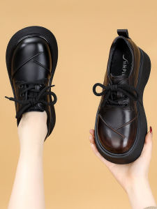 Spring Season Womens Flats Thick Bottom mid Heel Heightening Shoes Fashionable Versatile British Style Leather Covered Rubber Sole