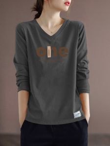 Export Discount Export 100% Pure Cotton Fall New Arrival Long Sleeves Plus Size T-Shirt Loose Youthful-Looking V-neck Bottoming Shirt Tops