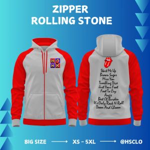 Zipper Hoodie Jumper Raglan Putih Merah HSCLO Musik Band Rolling Stone Bahan Fleece Jaket Lengan Panjang Ukuran Jumbo Big Size XS S M L XL XXL 3XL 4XL 5XL