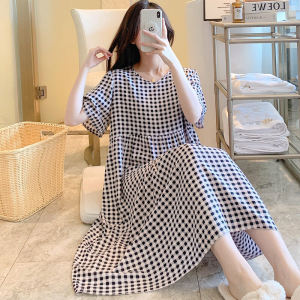 Short-Sleeved Nightdress Womens Summer Thin Rayon Pajamas Home Wear Japanese Style Plaid Loose Suitable for Daily Wear Bourette Dress