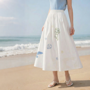 INMAN | Cotton Embroidered A-Line Slimming White Skirt