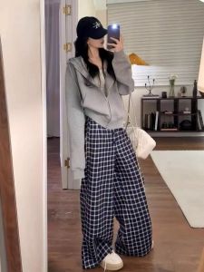กางเกงลำลองขาบานลายสก็อตสีน้ำเงินสำหรับผู้หญิง ฤดูใบไม้ผลิและฤดูใบไม้ร่วง สไตล์อเมริกัน ลำลอง กางเกงขายาวสำหรับเต้นแจ๊ส