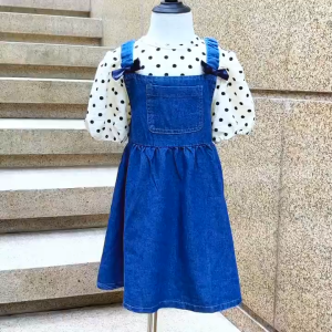 PRINCESS KESLI ชุดเดรสยีนส์ แบบเอี๊ยม สําหรับเด็ก+เสื้อแขนสั้น น่ารักๆ 1-7 ปี