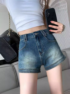 Retro American Elastic Denim Shorts Womens Summer Thin High Waist A-Line Slim Wide Leg Hot Pants Deep Light Color Jeans