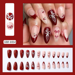 24Pcs French 3D White Bowknot Press On Nails Medium Almond False Nail Tips With Pearl Sweet Summer Wearable Y2K Fake Fingertips