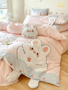 Zsvip Kids Cartoon Washed Cotton Bedding Set Princess Style 3-4 Piece Pure Cotton Girls Bed Linens Comforter Cover Sheet Pillowcase