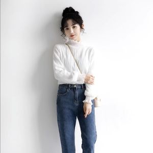 Ruffle Collar Fleece Lined Lace Base Shirt Womens Inner Wear Autumn Winter High End Feel Outerwear Semi High Collar Chiffon Top