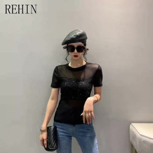 REHIN Summer new ice silk crystal yarn elastic slimming S-3XL mesh splicing sequin stylish short-sleeved T-shirt