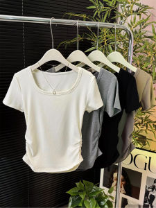 เสื้อยืดคอกลมแขนสั้นผู้หญิงทรงเข้ารูปพิมพ์ลายฤดูร้อนใหม่แขนสั้นทรงเข้ารูปเอวเข้ารูปสีพื้นคอเหลี่ยมแขนสั้น