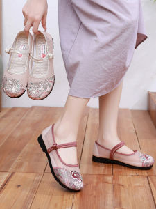 Beijing Ladies Flat Bottom Embroidered Cloth Shoes Summer Style Floral Patterned Mesh Retro Hanfu Footwear Breathable Slip-On