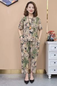 ชุดสองชิ้นผ้าฝ้ายลินินแขนสั้นหลวมๆ สำหรับผู้หญิงช่วงฤดูร้อน ชุดลำลองสำหรับคุณแม่ ชุดทำงานสำหรับผู้หญิงวัยกลางคนและผู้สูงอายุ