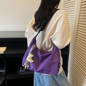 Large Capacity Plaid Canvas Tote Bag Korean Lazy Style Commuter Bag for Class Casual Simple Style Nylon Fabric Shoulder Bag