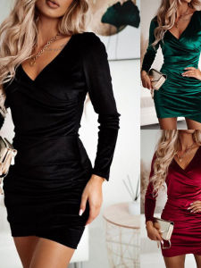 Pure Color Slim Fit V-neck Long Sleeve Dress เสื้อผ้าทำงานฤดูร้อนสำหรับผู้หญิง กระโปรงสั้น เสื้อผ้าทำงานแขนยาว