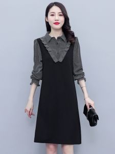 Plus Size Spring Autumn Fashion Womens Dress Medium Length Plaid Knitted Fabric Work Clothing Pullover Sleeveless Shirt Dress