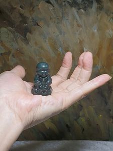 Premium deep greenish Nephrite 3 dimensional cravings Zen (Young Monk practicing Dhyana) small display (with certificate) [Natural Crystal] 和田玉塔青深绿立体雕刻坐禅小和尚小摆件(带证书)