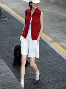 BOGUDU | New Fashion Simple Red Sleeveless Shirt White Shorts Set
