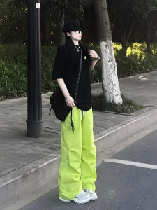 Fluorescent Green Dopaamine Shorts Mens Summer Thin Quick Dry Paratrooper Straight Leg Casual Long Pants Loose Fit Youth Trend