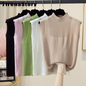 IRENASTORY Knitted T-shirt for women summer ice silk sleeveless top knit tank top