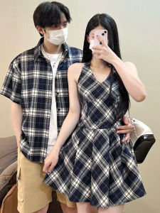 French Style Couple Matching Summer New Plaid Design Sleeveless Waist Cinched Neck Hanging Dress Shirt High Waist A-Line Skirt