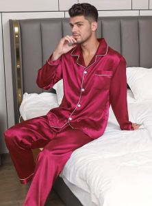 Bộ Đồ Ngủ Satin Nam Tay Ngắn Áo Có Cổ Quần Cạp Chun Chất Liệu Mềm Mại Bóng Mượt Thoải Mái Thích Hợp Mặc Thường Ngày