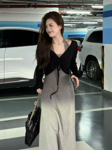 French Elegant Neckline Dress Autumn Womens Fashion Sensation Set Long Skirt Commute Style round Neck Long Sleeve Solid Color