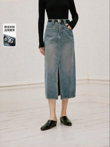 Yigue | Vintage Washed Denim Half Skirt High Waist Hips Concealing