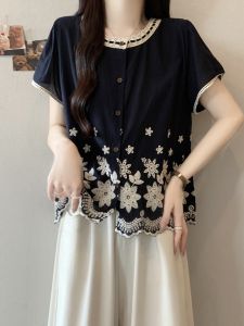 AIYITI | Age-defying Embroidered Short-sleeved Blouse for Plus Size Tummy-concealing Round-collar