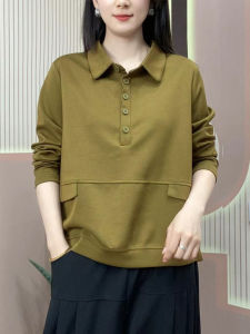 Casual Polo Neck Sweatshirt Womens Mid-life Pure Color Large Size Slimming T-shirt Comfortable Loose Fit Regular Sleeve