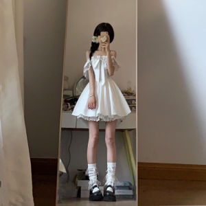 Sweet Waist Cinched Puffy One Shoulder Dress Gentle Style Summer Collection Womens Fashion Mini Dress Lace Material A-Line Skirt