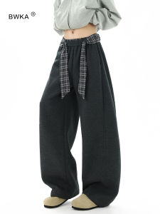 Korean Contrast Color Plaid Belted Knife Edge Sweatpants Men Women Autumn Winter Elastic Waist Wide Leg Sports Casual Pants