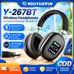 Youyuepin không dây qua tai nghe đeo tai Bluetooth 5.3 với màn hình LED 3.5mm AUX chế độ có dây tiếng ồn hủy bỏ mic Tuổi thọ pin dài thể thao Bộ tai nghe nhạc màu đen