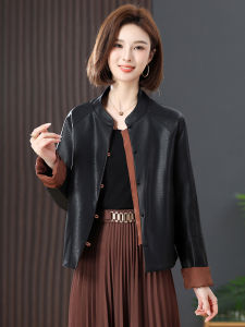 New Chinese Style Womens Loose Black Leather Jacket Spring Autumn Small Size Slimming Outerwear Short Length Commute Fashion