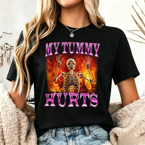 Sanrio | Funny Skeleton with Stomachache Summer Fashion T-shirt for Women Fashionable Gothic Summer Topcomfortable T-shirt